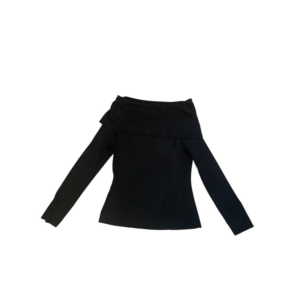 Intempo Black Ribbed Off The Shoulder Fold Over Neck Top 1X Long Sleeve